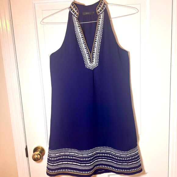 Anthropologie THML Chana Embroidered Dress, XSP, Navy Shift Tunic Lined V-Neck - Picture 2 of 8